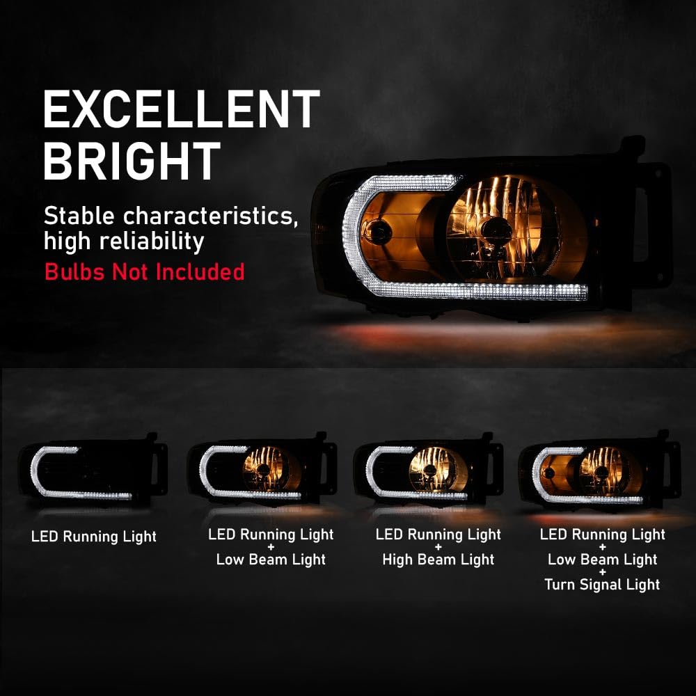 PIT66 LED DRL Headlights Assembly Fit 2002-05 Ram 1500, 03-05 Ram 2500 3500