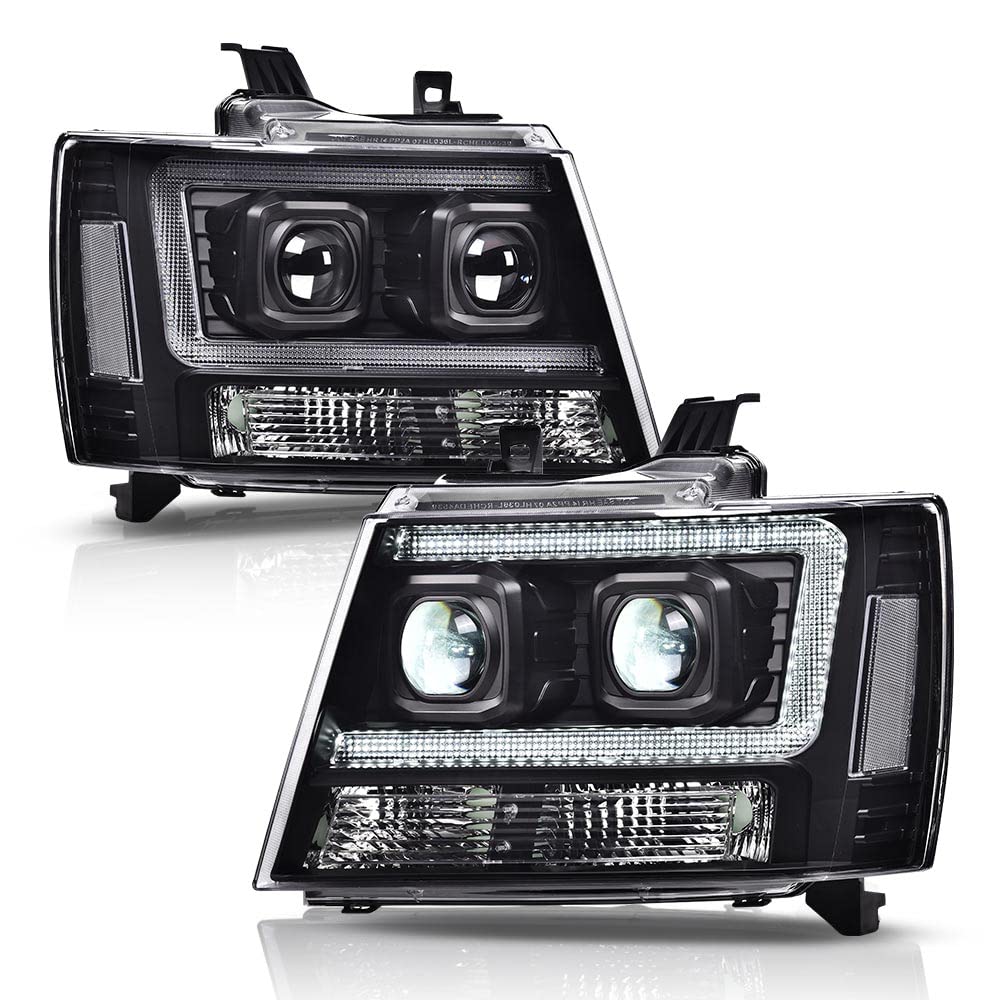 PIT66 LED Tube Dual Projector Headlight Assembly Compatible with 2007-2013 Chevy Avalanche Suburban 2500/2007-2014 Tahoe Suburban 1500 Headlamps Front Lights Smoke Lens Chrome Housing Clear Reflector
