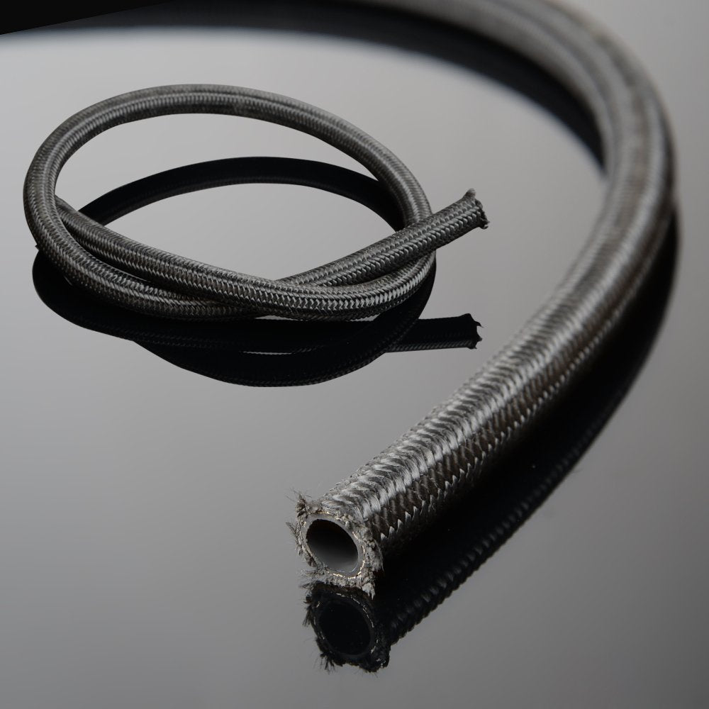 PIT66 AN6 16.4Ft Stainless Steel & Nylon Braided Fuel Line Hose + Fitting Hose End Adaptor Kit Black (Tube OD: 14mm ID: 9mm)