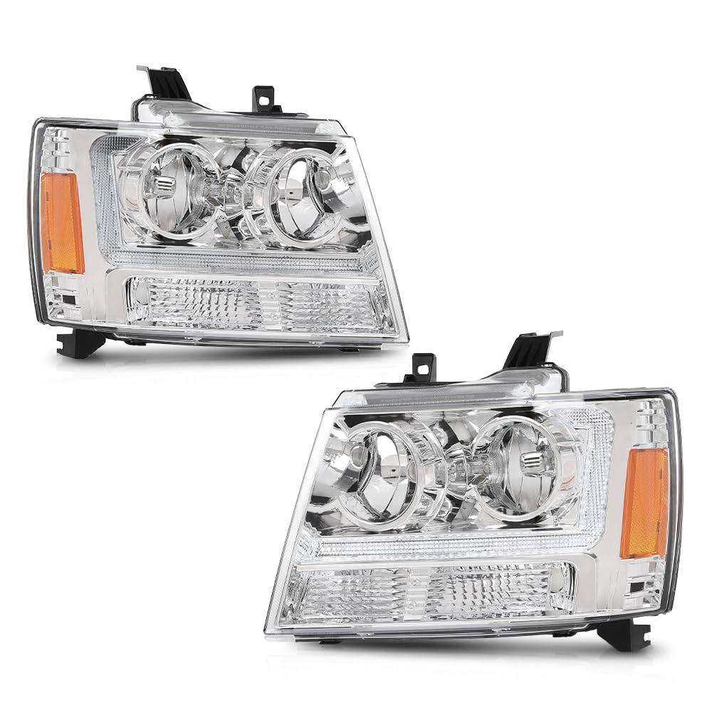 PIT66 LED Headlights Assembly Compatible with Chevy Tahoe Suburban 1500 2007-2014 Fit Avalanche Suburban 2500 2007-2013 Front Headlamp GM2503263 Clear Lens Chrome Housing Amber Reflector