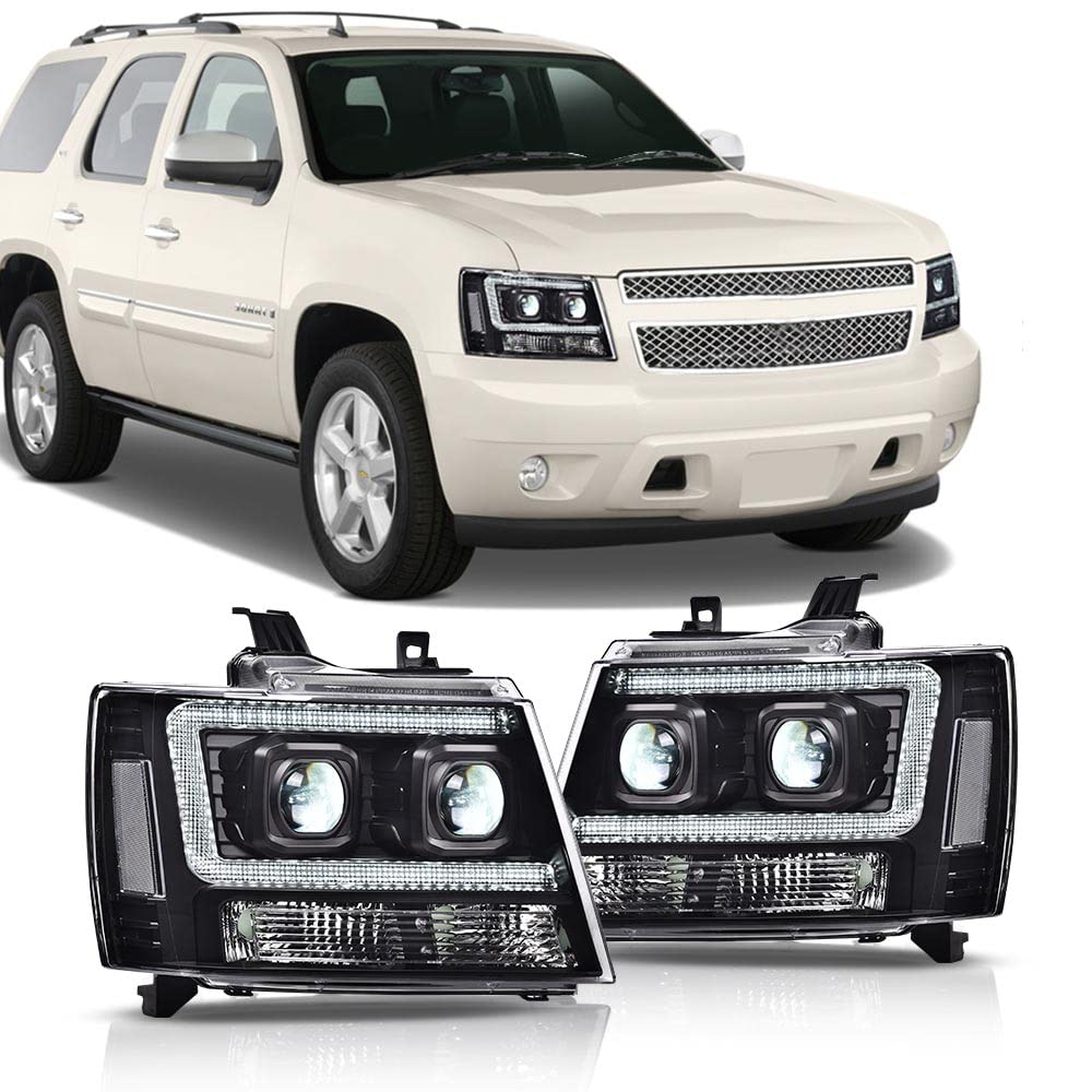 PIT66 LED Tube Dual Projector Headlight Assembly Compatible with 2007-2013 Chevy Avalanche Suburban 2500/2007-2014 Tahoe Suburban 1500 Headlamps Front Lights Smoke Lens Chrome Housing Clear Reflector