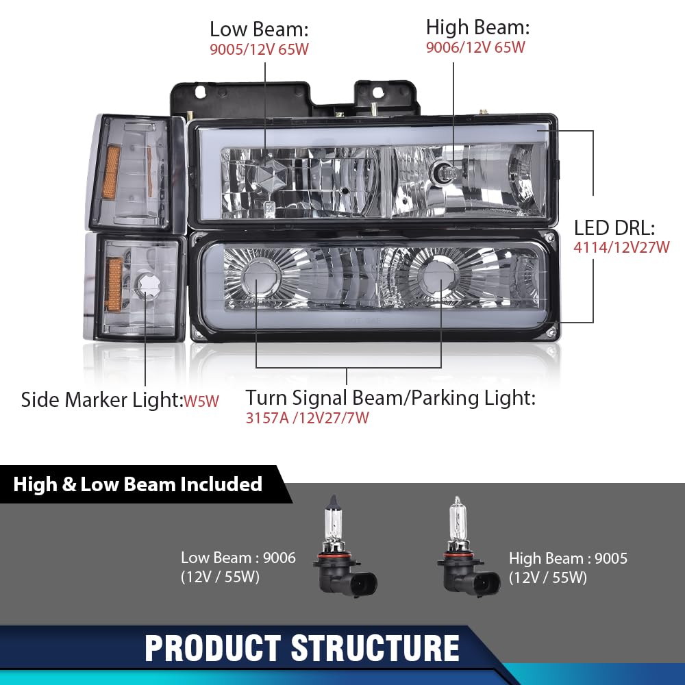 PIT66 LED DRL Headlight Assembly Fit 1994-1998 Chevy C10 C/K 1500 2500 3500
