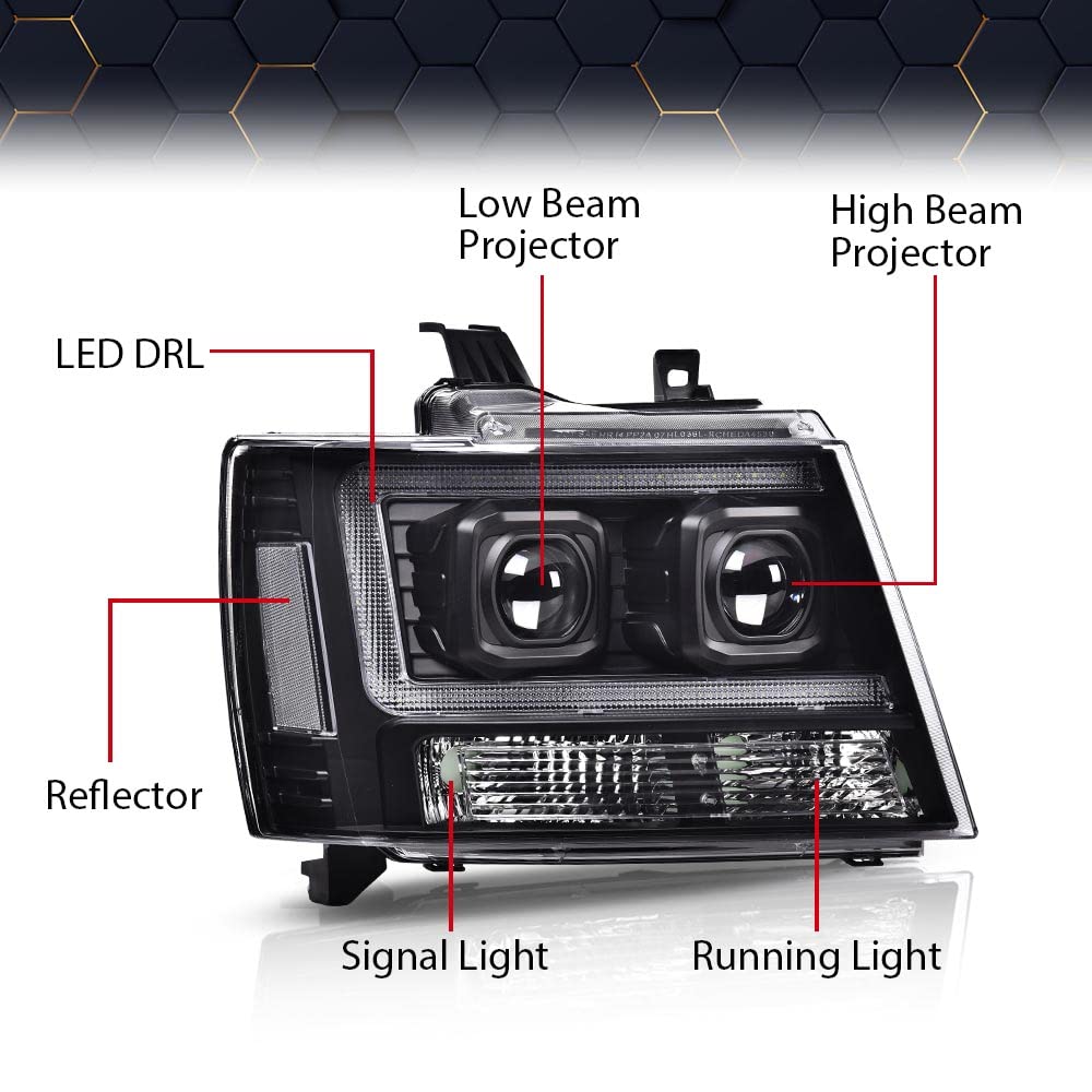 PIT66 LED Tube Dual Projector Headlight Assembly Compatible with 2007-2013 Chevy Avalanche Suburban 2500/2007-2014 Tahoe Suburban 1500 Headlamps Front Lights Smoke Lens Chrome Housing Clear Reflector