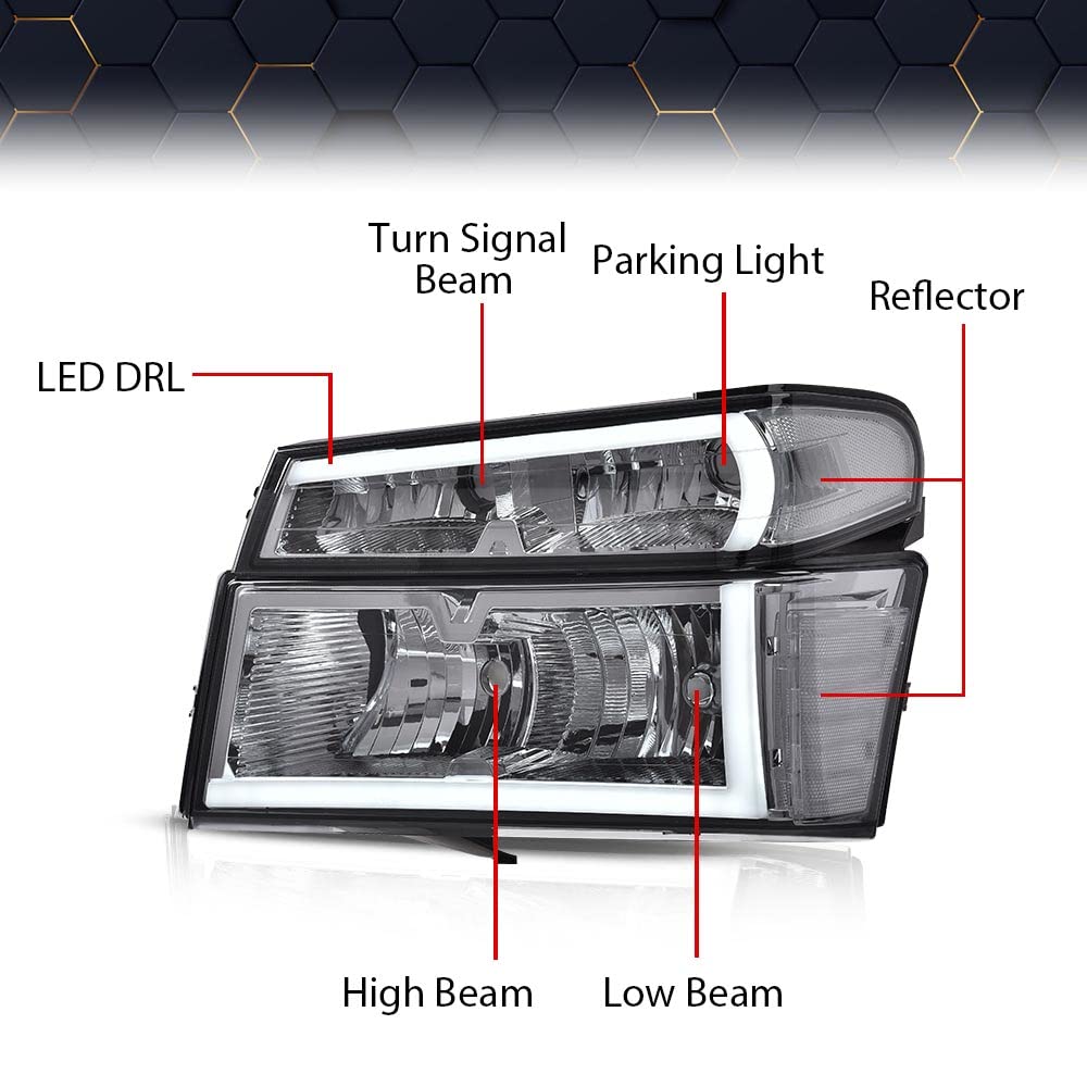PIT66 LED DRL Headlight Assembly Compatible with 2004-2012 Chevy Colorado GMC Canyon/2006 Isuzu i-280 i-350/07-08 Isuzu i-290 i-370 Headlamps Accessories Smoke Lens Chrome Housing Clear Reflector
