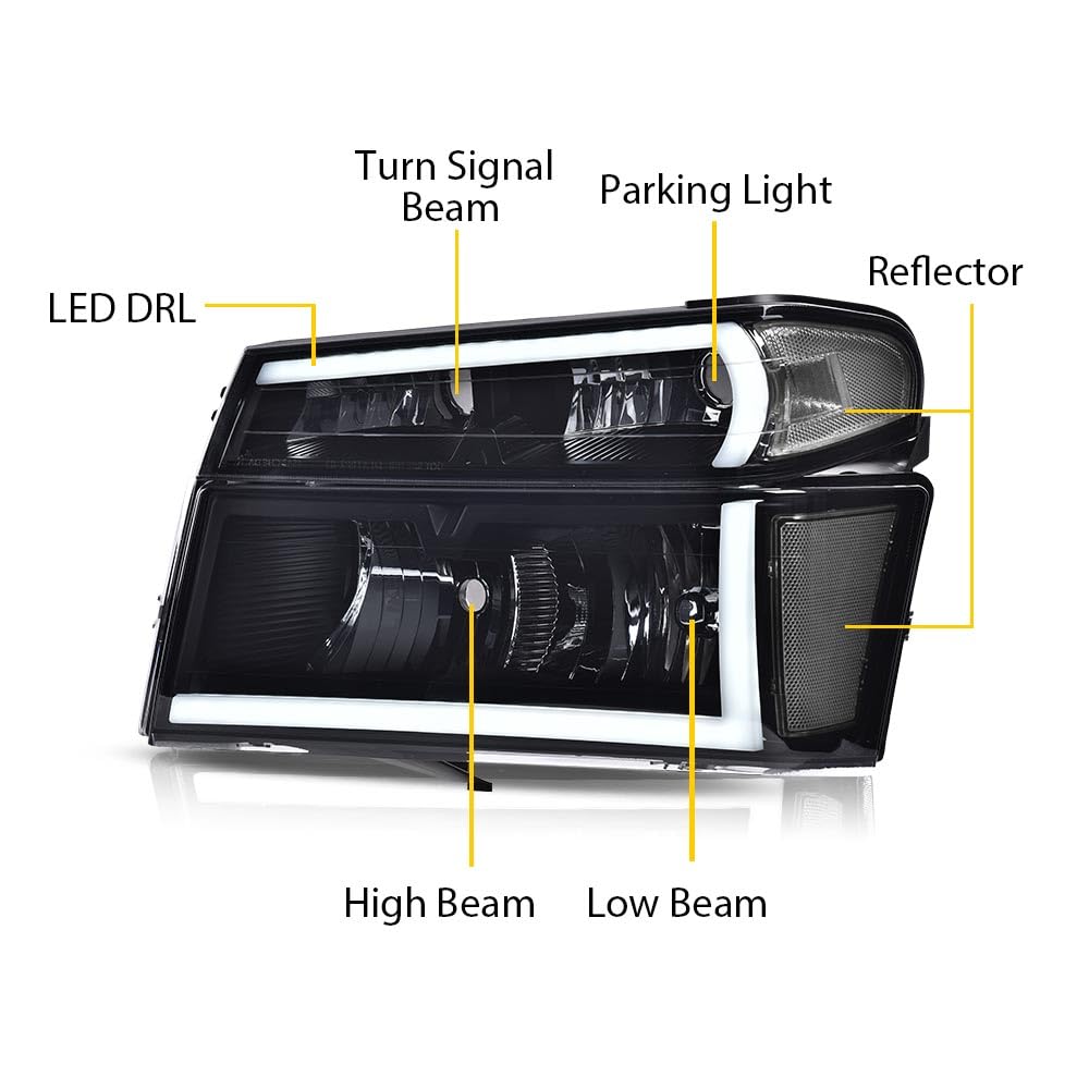PIT66 LED DRL Headlight Assembly Compatible with 2004-2012 Chevy Colorado & GMC Canyon/Fit 2006 Isuzu i-280 i-350/07-08 Isuzu i-290 i-370 Headlamps Smoke Lens Black Housing Clear Reflector