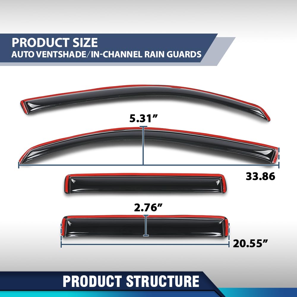PIT66 in-Channel Ventvisor Window Deflectors and Sun Visors 4pcs Compatible with Honda Ridgeline 2017 2018 2019 2020 2021 2022 2023 2024 2025 in-Channel Rain Guards Smoke