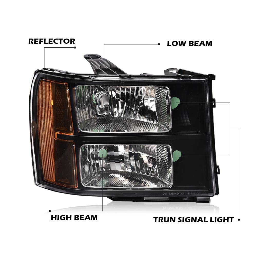 PIT66 Headlights Assembly Compatible with 2007-2013 GMC Sierra 1500, 07-14 2500HD 3500HD Driver & Passenger Side Halogen Headlamps Clear Lens Black Housing Amber Reflector faros delanteros