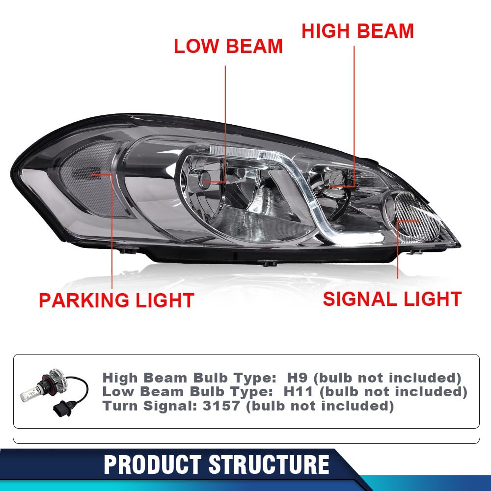 PIT66 LED DRL Headlight Assembly Headlamp Compatible with Chevy Impala 2006-2016, Fit Chevy Monte Carlo 2006-2007 25958359, 25958360 Clear Lens Chrome Housing Clear Reflector