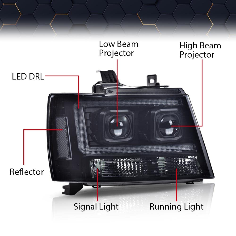PIT66 LED Tube Dual Projector Headlight Assembly Compatible with 2007-2013 Chevy Avalanche Suburban 2500/2007-2014 Tahoe Suburban 1500 Headlamps Front Lights Smoke Lens Black Housing Clear Reflector