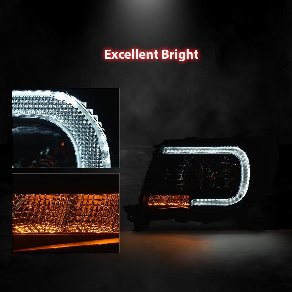 PIT66 LED DRL Headlights Assembly Fit 2005-2011 Toyota Tacoma Smoke Lens