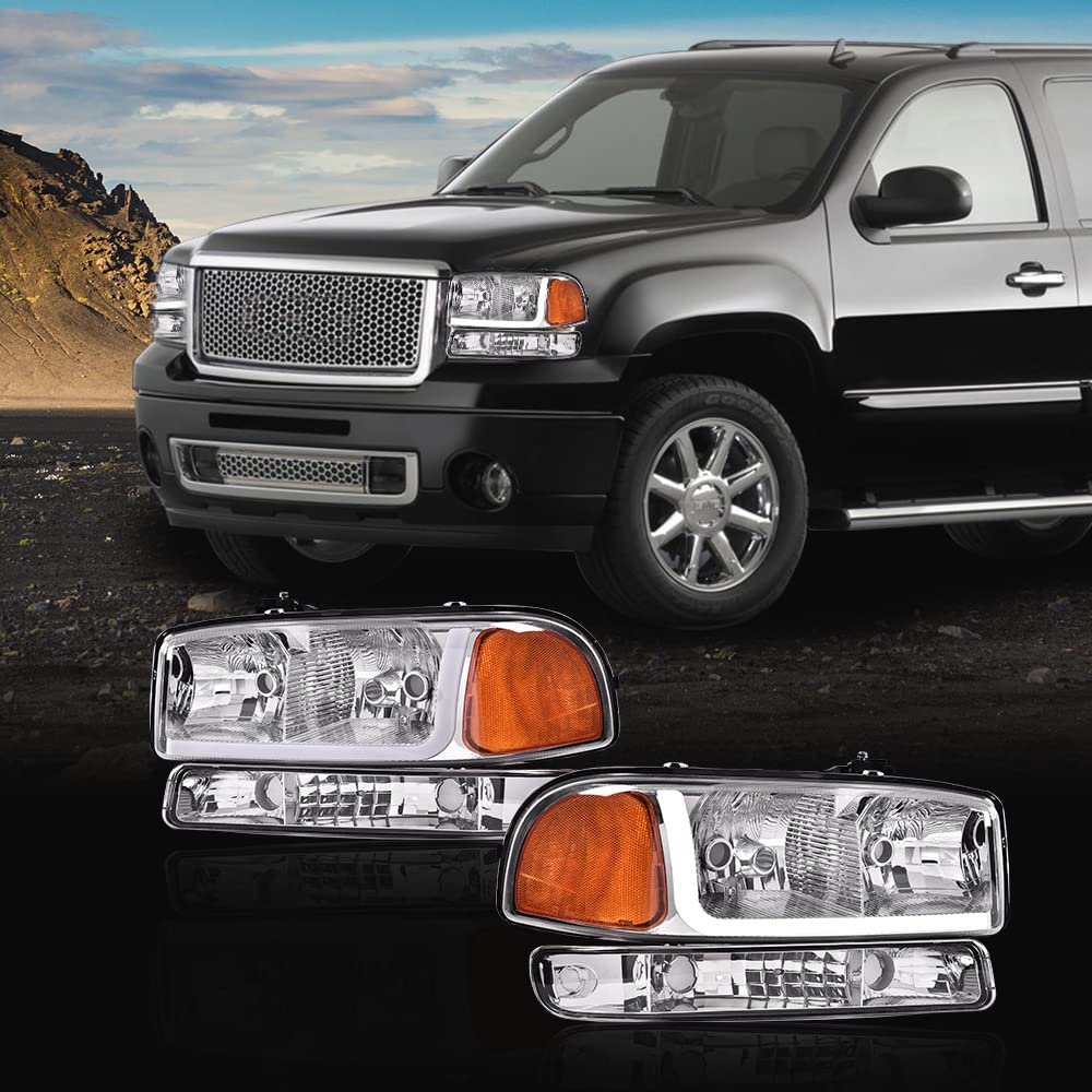 PIT66 LED DRL Headlight Assembly Compatible with 1999-2007 GMC Sierra 1500 2500HD 3500 /Fit 99-06 Yukon, (NOT Fit Denali Trims) Clear Lens Chrome Housing Amber Reflector Headlamps Accessories
