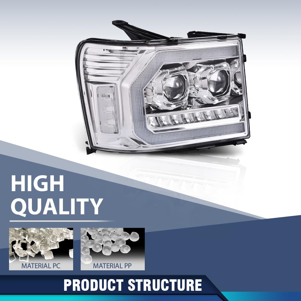 PIT66 LED DRL Tube Projector Headlights Assembly Compatible with GMC Sierra 1500 2007-2013, Fit Sierra 2500HD 3500HD 2007-2014 (Not Fit Classic models) Clear Lens Chrome Housing Clear Reflector