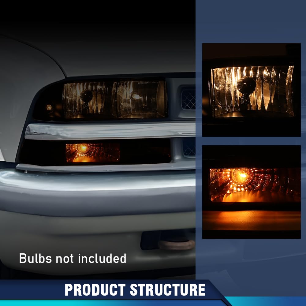 PIT66 Headlights Assembly Bumper Turn Signal Light Lamp Compatible with Chevy Blazer 1998-2005/Fit Chevy S10 Pickup 1998-2004 for Model with Bumper Lights Smoky Lens Black Housing Clear Reflector