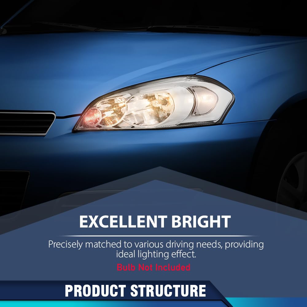 PIT66 Headlights Assembly Compatible with 2006-2013 Chevy Impala / 14-16 Impala Limited / 06-07 Chevy Monte Carlo Halogen Headlamps Accessories Clear lens Chrome Housing Clear Reflector