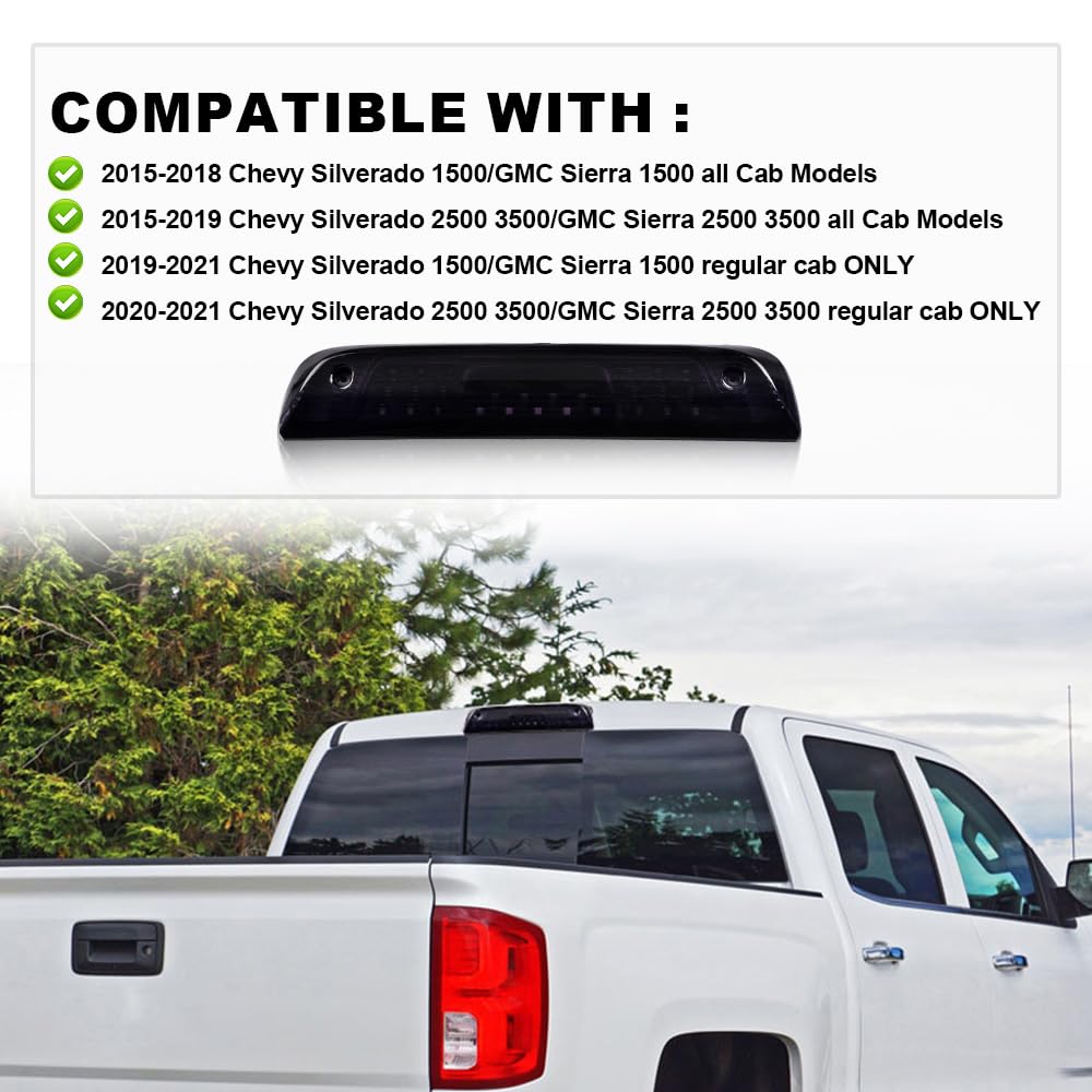 PIT66 LED 3rd Brake Lights, Compatible with 14-18 Chevy Silverado/14-18 GMC Sierra 1500 2500HD SILVERADO 3500/3500HD Third Brake Light Cargo Lamps Black Housing Smoky Lens