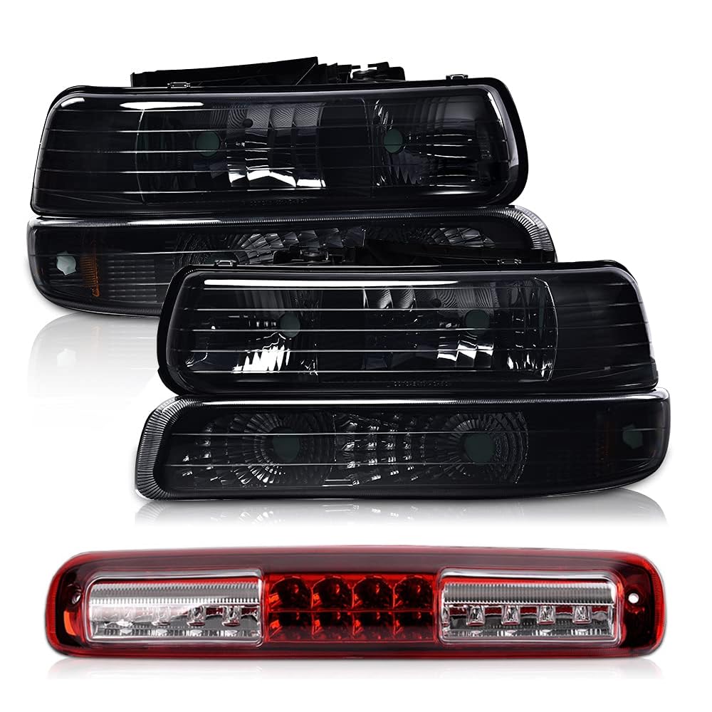 PIT66 Headlight Assembly + LED 3rd Third Brake Light Fit Chevy Silverado 1500 2500 1999 2000 2001 2002/ Fit Silverado 1500HD 2500HD 3500 2001 2002 Halogen Smoky&Red Lens 12210025L, 12210025R