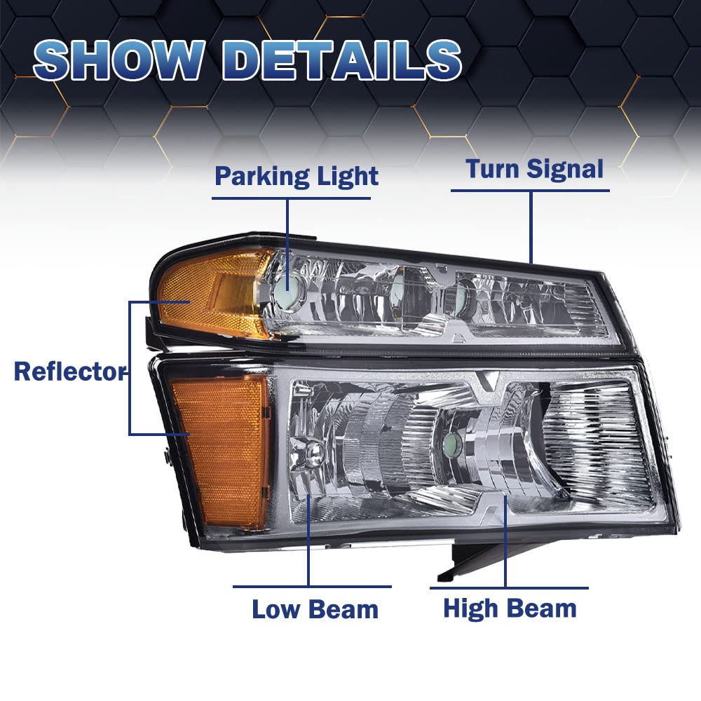 PIT66 Headlight Assembly Compatible with 2004-2012 Chevy Colorado/04-12 GMC Canyon/06 Isuzu i-280 i-350/2007-2008 Isuzu i-290 i-370 Smoke Lens Chrome Housing Amber Reflector Halogen Headlamp