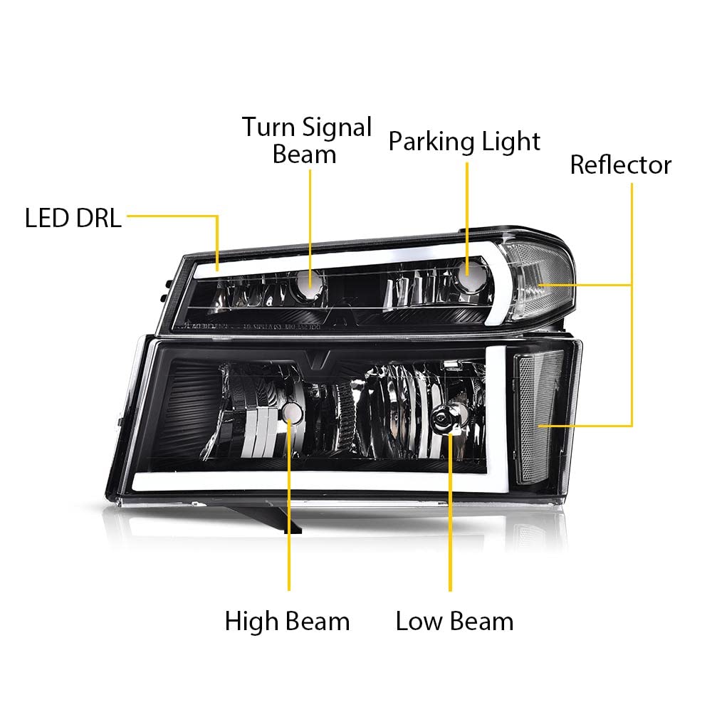 PIT66 LED DRL Headlight Assembly Compatible with 2004-2012 Chevy Colorado & GMC Canyon/Fit 2006 Isuzu i-280 i-350/07-08 Isuzu i-290 i-370 Headlamp Accessories Clear lens Black Housing Clear Reflector