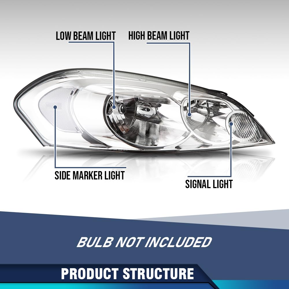 PIT66 Headlights Assembly Compatible with 2006-2013 Chevy Impala / 14-16 Impala Limited / 06-07 Chevy Monte Carlo Halogen Headlamps Accessories Clear lens Chrome Housing Clear Reflector