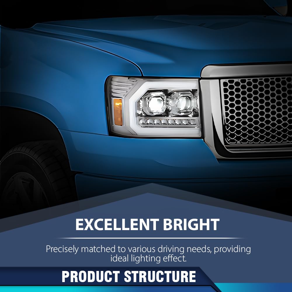 PIT66 LED DRL Tube Projector Headlights Assembly Compatible with GMC Sierra 1500 2007-2013/Fit Sierra 2500HD 3500HD 2007-2014 (Not Fit Classic models) Clear lens Chrome Housing Amber Reflector