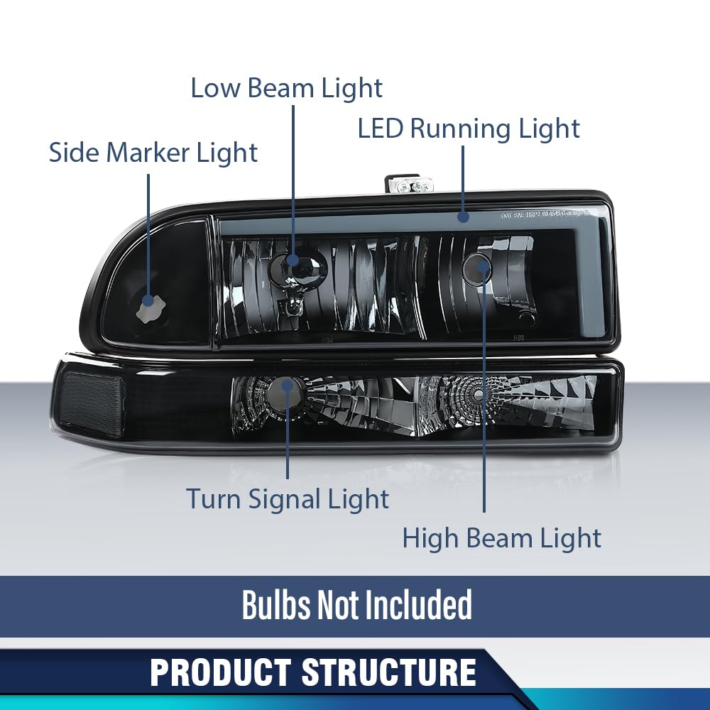 PIT66 LED DRL Headlights Assembly Bumper Turn Signal Light Lamp, Compatible with Chevy Blazer 1998-2005/ Fit Chevy S10 Pickup 1998-2004 with Bumper Lights Smoky Lens Black Housing Clear Reflector