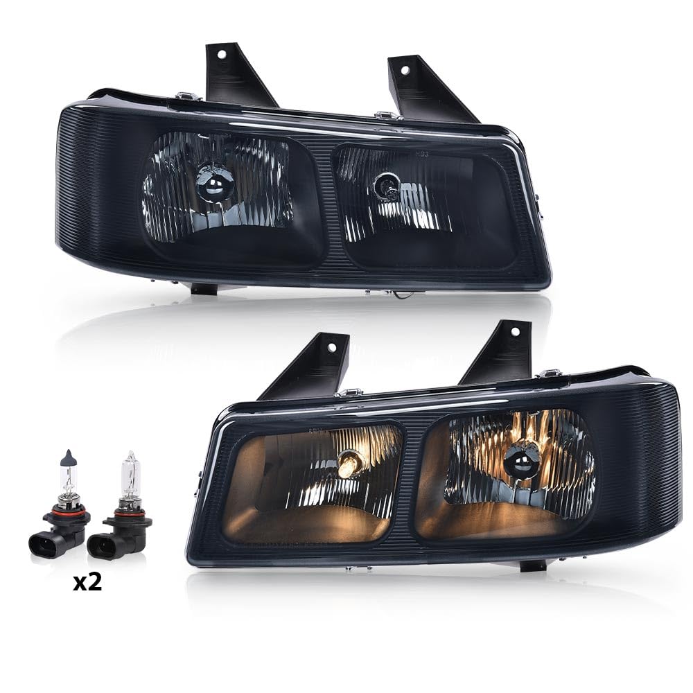 PIT66 Headlights Assembly Pair w/Bulbs Compatible with Chevy Express 1500/GMC Savana 1500 2003-2014, Fit Chevy Express 2500 3500/GMC Savana 2500 3500 2003-2021 (Smoky Lens Black Housing)