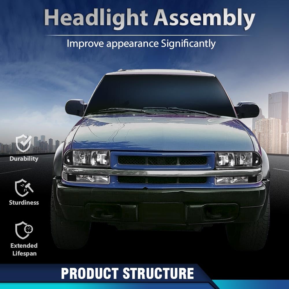 PIT66 Headlights Assembly Corner Bumper Turn Signal Lights w/o Bulbs Compatible with Chevy Blazer 1998-2005 /Fit Chevy S10 Pickup 1998-2004 Clear Lens Black Housing Clear Reflector