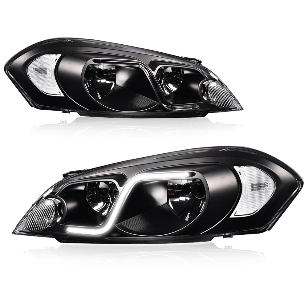 PIT66 LED DRL Headlight, Compatible with 2006-2013 Chevy Impala /2014-2016 Impala Limited/2006-2007 Monte Carlo Replacement Headlamp Assembly Accessories Clear lens Black Housing Clear Reflector