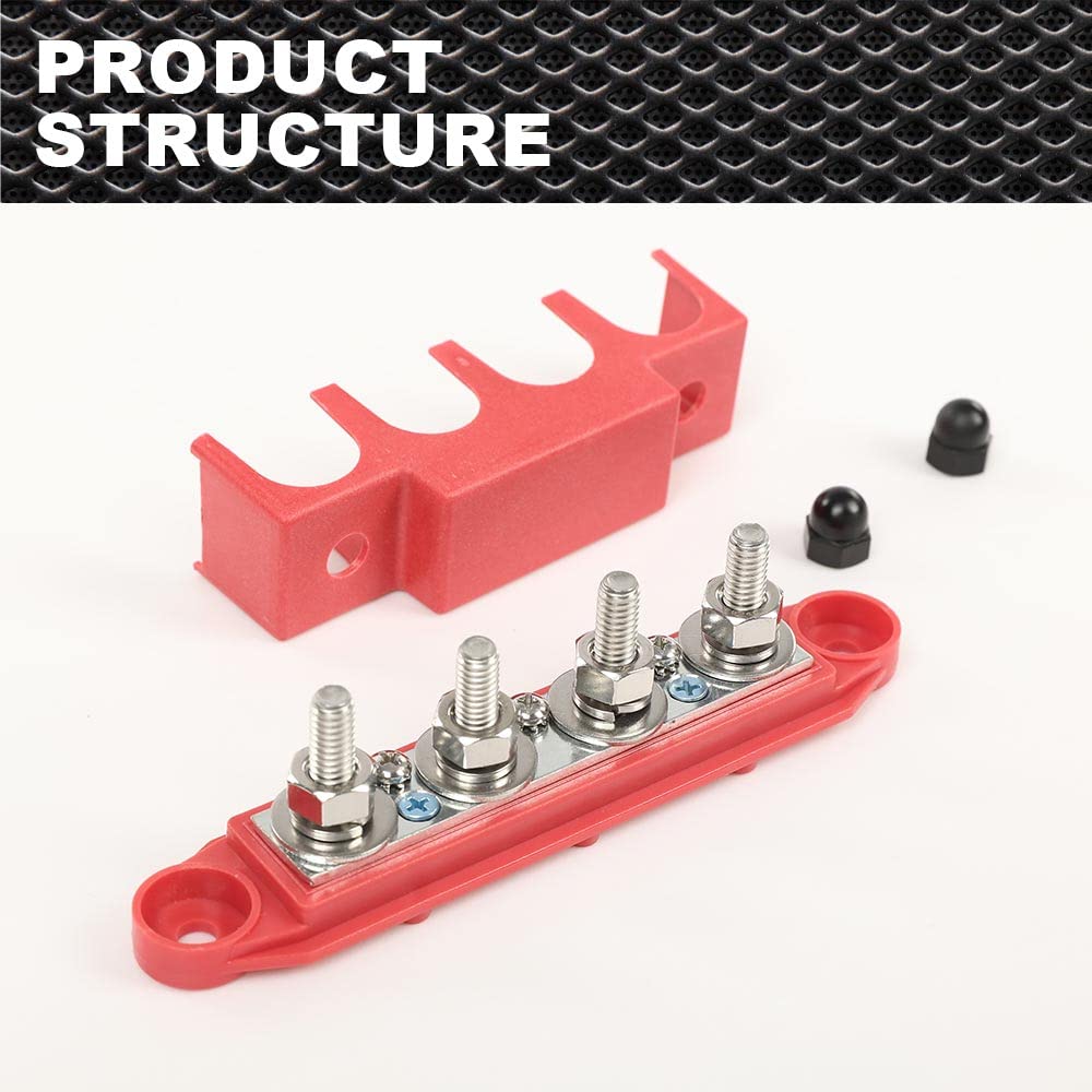PIT66 12V 250A Power Distribution Block Bus Bar w/ 4 x 5/16"(M8) Studs,4 Post Battery Busbar Terminal Block Fit for Automotive Car RV Truck Marine Solar and Electrical Equipment, Red