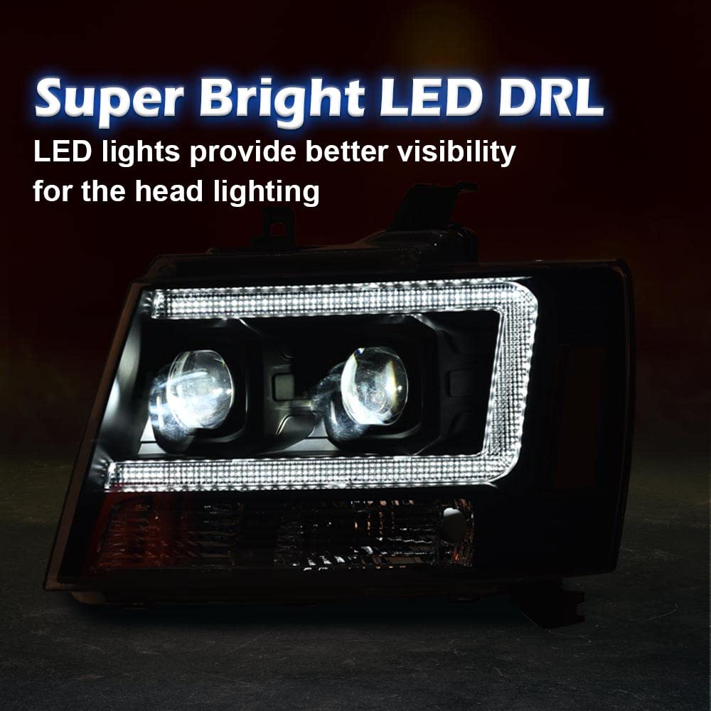 PIT66 LED Tube Dual Projector Headlight Assembly Compatible with 2007-2013 Chevy Avalanche Suburban 2500/2007-2014 Tahoe Suburban 1500 Headlamps Front Lights Smoke Lens Chrome Housing Clear Reflector
