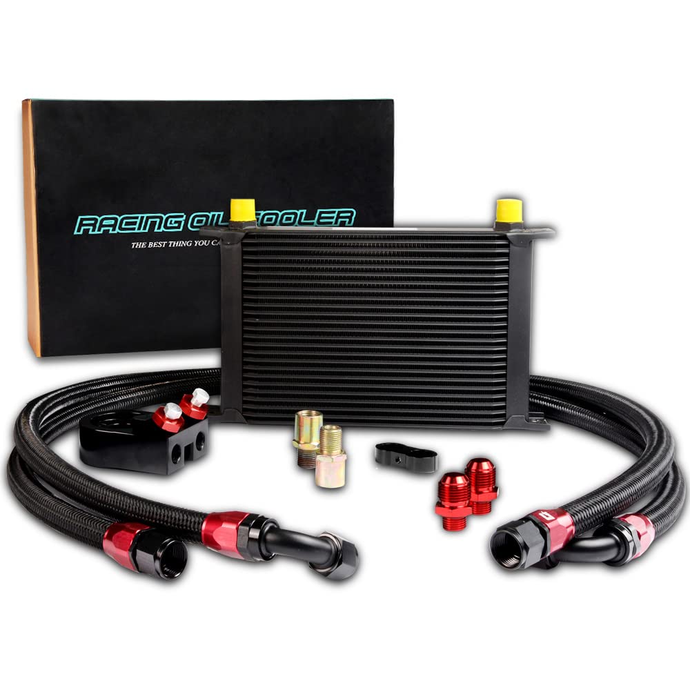 PIT66 25 Row AN10-10AN Universal Aluminum Engine Transmission Oil Cooler Kit+ Oil Filter Relocation Kit Black C Set