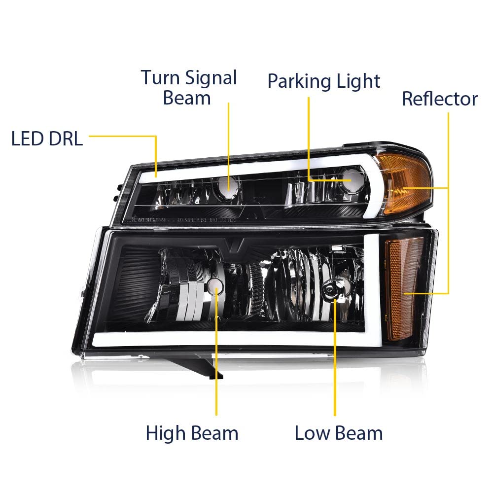 PIT66 LED DRL Headlight Assembly Fit 2004-2012 Chevy Colorado & GMC Canyon/Fit 2006 Isuzu i-280 i-350/07-08 Isuzu i-290 i-370 Headlamps Clear Lens Black Housing Amber Reflector
