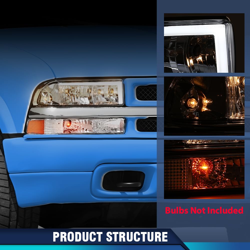 PIT66 LED DRL Headlights Assembly w/Corner Bumper Turn Signal Lights Lamps w/o Bulbs Compatible with Chevy S10 Pickup 1998-2004 Fit Chevy Blazer 1998-2005 Clear Lens Amber Reflector