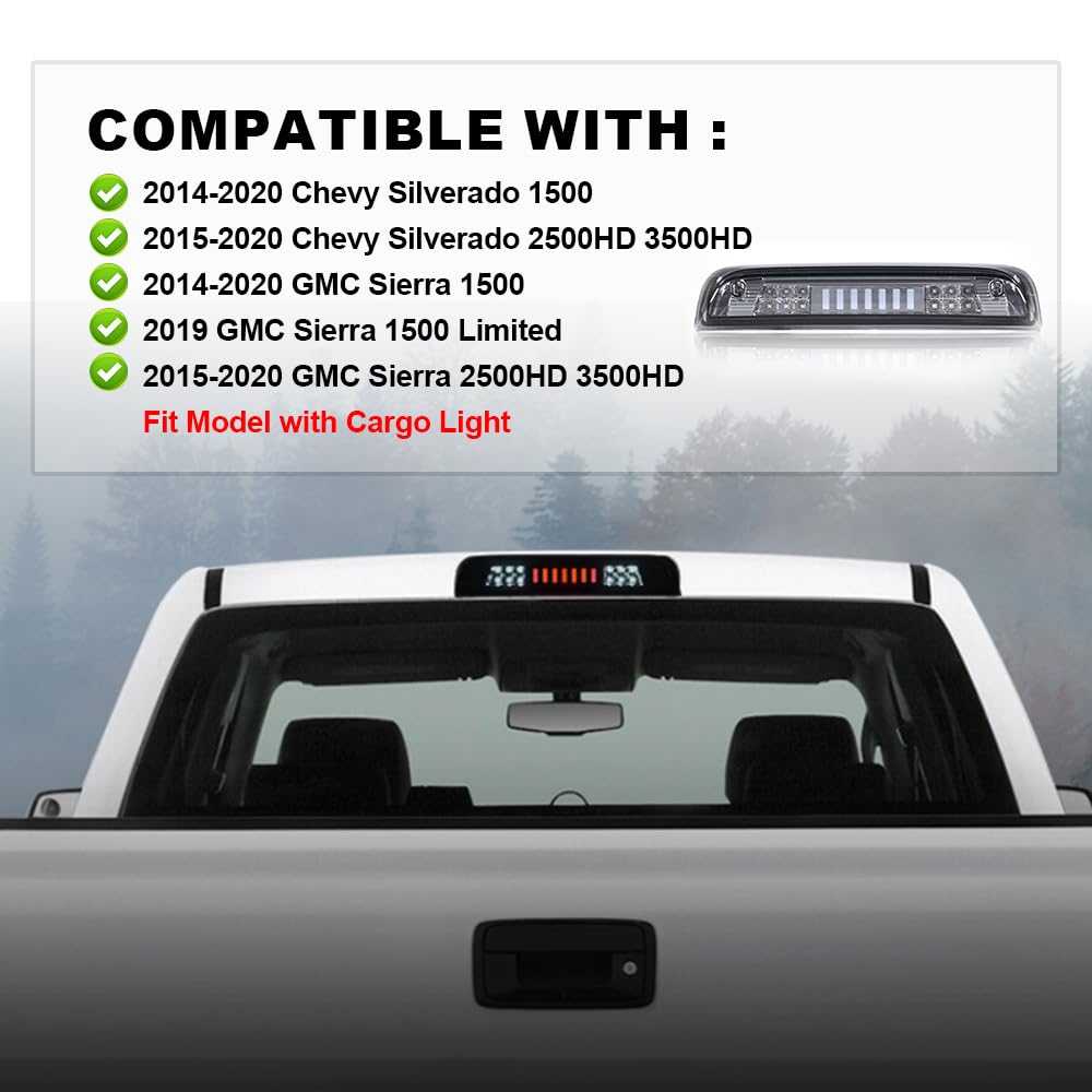 PIT66 3rd Brake Light, Compatible with 2014-2018 Chevy Silverado I Type Led Bar High Mount Stop Light Rear Tail Cargo Lamps White Smoked Lens Black Housing