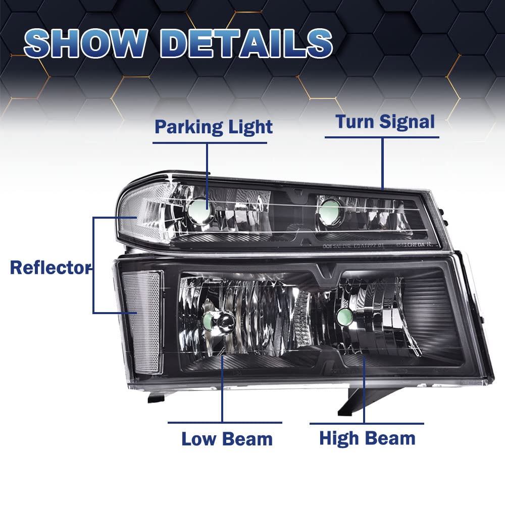 PIT66 Headlight Assembly Compatible with 2004-2012 Chevy Colorado/04-12 GMC Canyon/06 Isuzu i-280 i-350/07-08 Isuzu i-290 i-370 Clear Lens Black Housing Clear Reflector Halogen Headlamp
