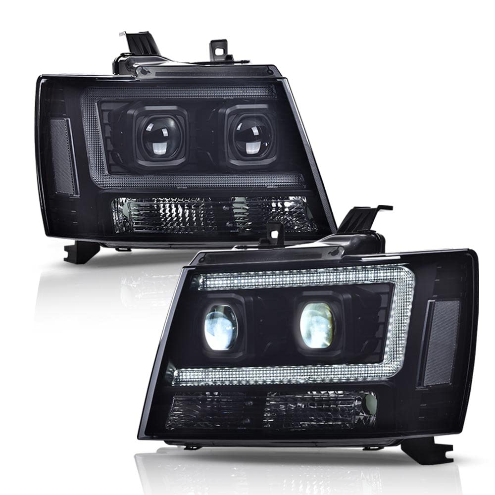 PIT66 LED Tube Dual Projector Headlight Assembly Compatible with 2007-2013 Chevy Avalanche Suburban 2500/2007-2014 Tahoe Suburban 1500 Headlamps Front Lights Smoke Lens Black Housing Clear Reflector