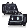 PIT66 LED Tube Dual Projector Headlight Assembly Compatible with 2007-2013 Chevy Avalanche Suburban 2500/2007-2014 Tahoe Suburban 1500 Headlamps Front Lights Smoke Lens Black Housing Clear Reflector
