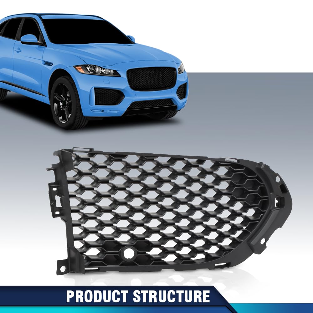 PIT66 Fog Light Cover Front Right Side Compatible with Jaguar F-Pace First Edition 2017, Fit Jaguar F-Pace (submodel: R-Sport, S) 2017-2020, Fit Models with Open Side Mesh T4A6215, JA1039106 Black