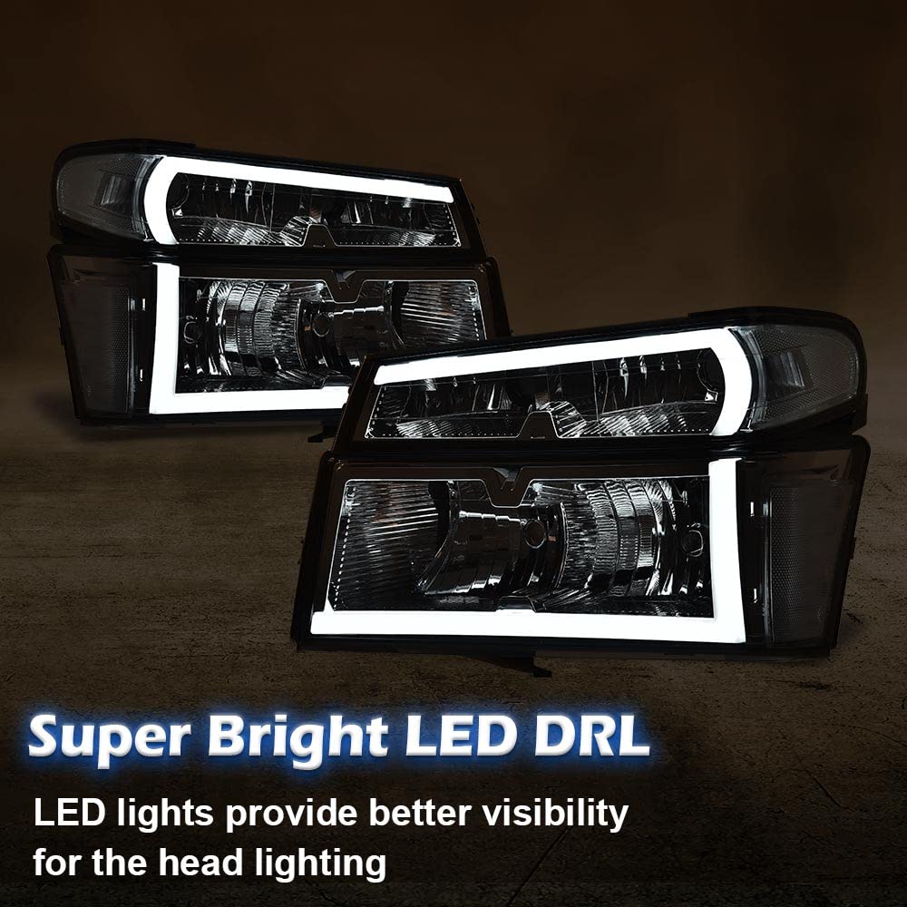 PIT66 LED DRL Headlight Assembly Compatible with 2004-2012 Chevy Colorado GMC Canyon/2006 Isuzu i-280 i-350/07-08 Isuzu i-290 i-370 Headlamps Accessories Smoke Lens Chrome Housing Clear Reflector
