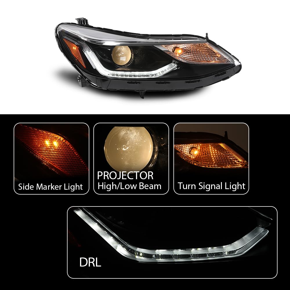 PIT66 LED DRL Headlight AssemblyAssembly Headlamps Left and Right Side Compatible with Chevy Cruze 2016-2019 Clear Lens Black Housing 42680785 42680786 84106695 84156516