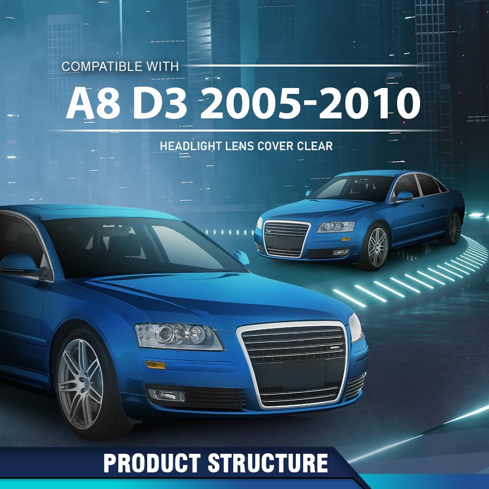 PIT66 Front Headlight Lens Cover Left & Right Pair Compatible with Audi A8 D3 2005 2006 2007 2008 2009 2010 Front Headlamp Lens Cover Clear Lens