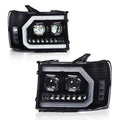 PIT66 LED DRL Tube Projector Headlights Assembly Compatible with GMC Sierra 1500 2500HD 3500HD 2007-2014 (Not Fit Classic models) Headlamp Replacement Clear lens Black Housing