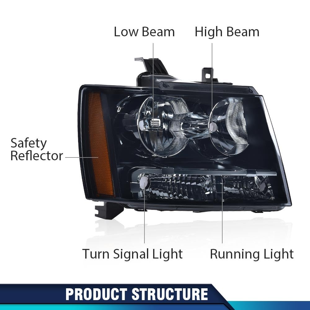 PIT66 Headlight Assembly Compatible with 2007-2014 Chevy Tahoe Suburban/07-13 Chevy Avalanche Corner Halogen Headlamps Smoke Lens Black Housing Amber Reflector