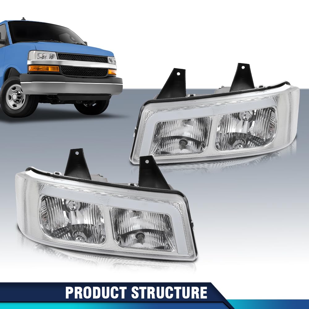 PIT66 LED Headlights Assembly w/Bulbs Compatible with Chevy Express GMC Savana 1500 2003-2014/ Fit GMC Savana 2500 3500 2003-2023 Clear Lens Chrome Housing Front Headlamps