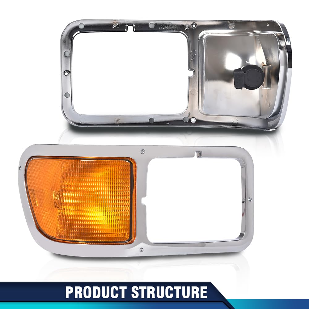 PIT66 Chrome Headlight Bezels Driver and Passenger Side with Bules Compatible with Ford F650 F750 2000-2015 FO2520196 FO2521196 YC3Z13201AA YC3Z13200AA
