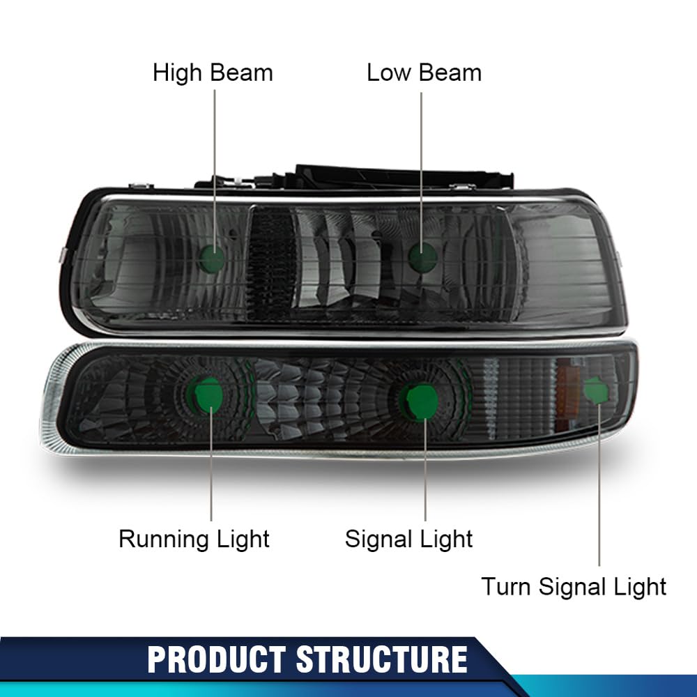 PIT66 LED 3rd Third Brake Light & Headlights Assembly Fit Chevy Silverado & GMC Sierra 1500 2500HD 3500 1999-2006 Halogen Smoke&Red Lens 12210025R, 12210025LCAPA, GM2502187