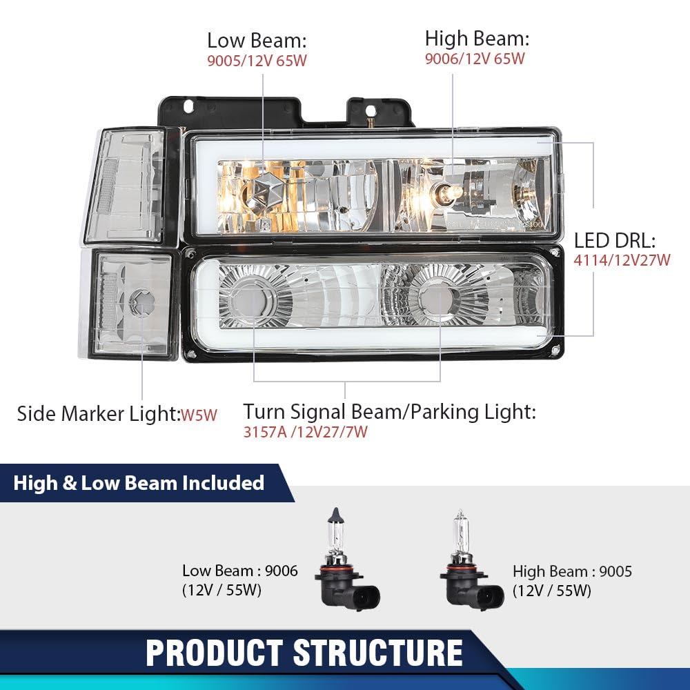 PIT66 LED DRL Headlight Assembly Fit 1994-1998 Chevy C10 C/K 1500 2500 3500