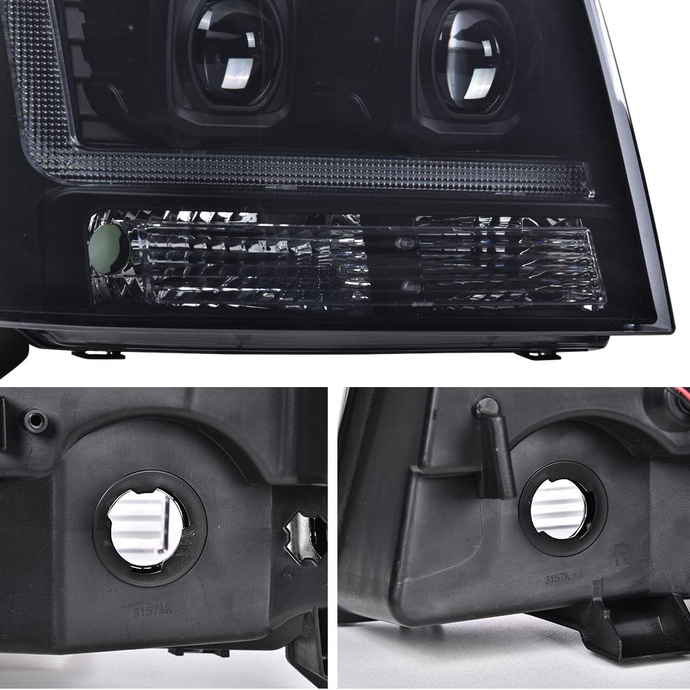 PIT66 LED Tube Dual Projector Headlight Assembly Compatible with 2007-2013 Chevy Avalanche Suburban 2500/2007-2014 Tahoe Suburban 1500 Headlamps Front Lights Smoke Lens Black Housing Clear Reflector