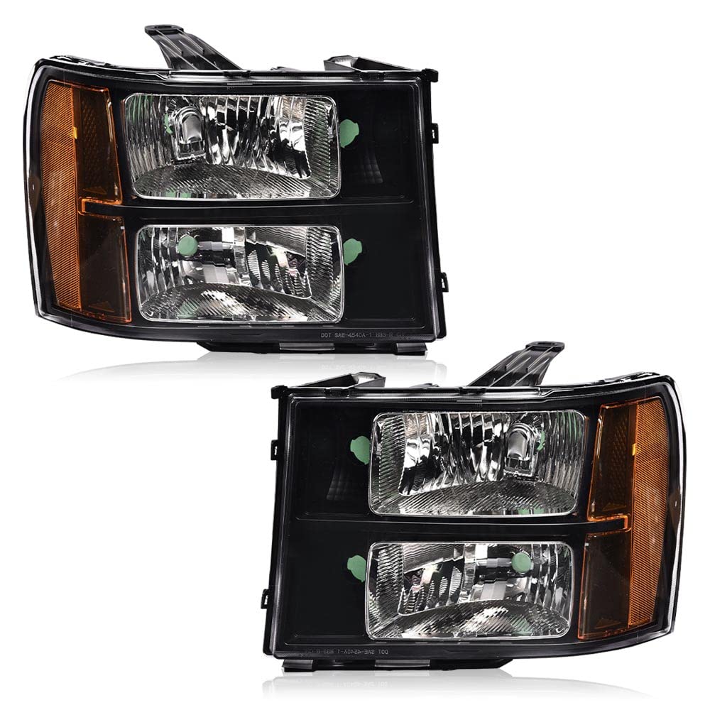 PIT66 Headlights Assembly Compatible with 2007-2013 GMC Sierra 1500, 07-14 2500HD 3500HD Driver & Passenger Side Halogen Headlamps Clear Lens Black Housing Amber Reflector faros delanteros