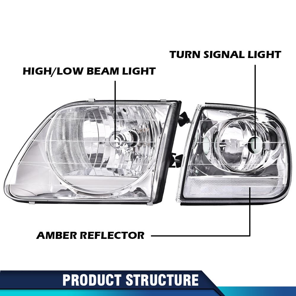 PIT66 Headlights Assembly Halogen Fit 1998-2003 Ford F150, 04 F150 Heritage